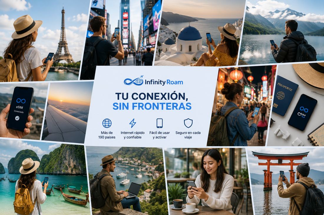 Viajeros conectados con eSIM Infinity Roam en distintos destinos del mundo